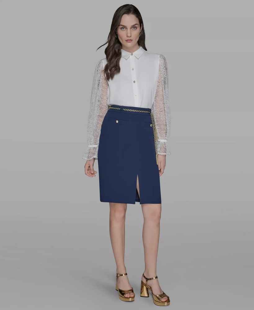 KARL LAGERFELD PARIS Women's Skirt Sz 8 Chain-Belt Front-Slit