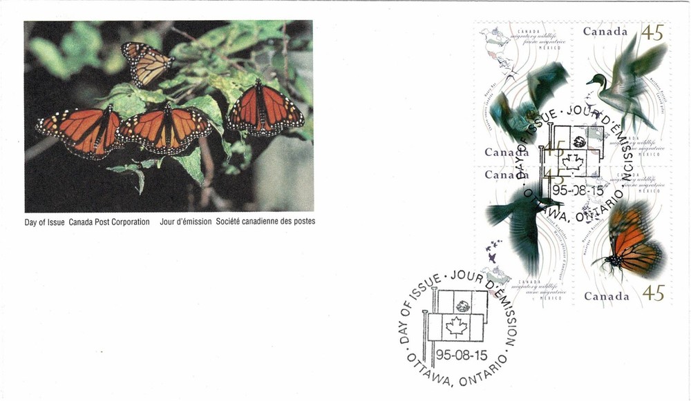 CANADA 1995 MIGRATORY WILDLIFE BLOCK OF 4 ON OFFICIAL FIRST DAY COVER FDC BIRDS