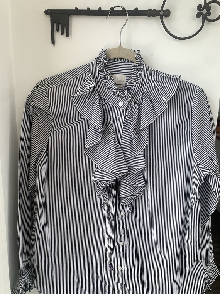 J.CREW Poplin Striped Ruffle Neck Button Accent Long Sleeve Blouse Black White