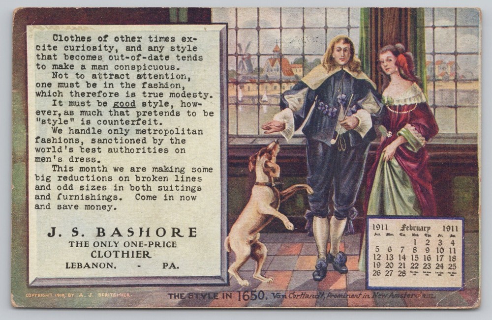 J.S. Bashore One Price Clothier Lebanon PA Pennsylvania Postcard 1911 UDB Feb