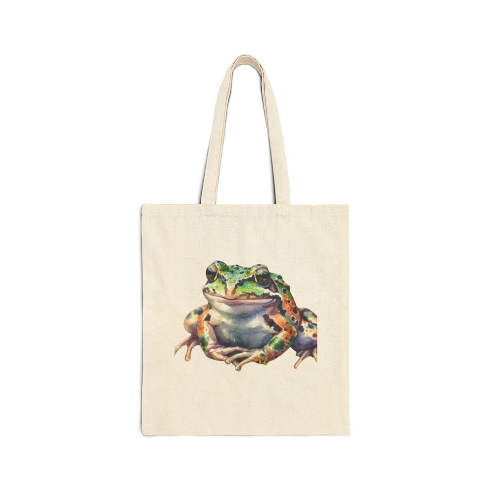 Cotton Canvas Tote Bag with Watercolor Frog in Natural Habitat Design