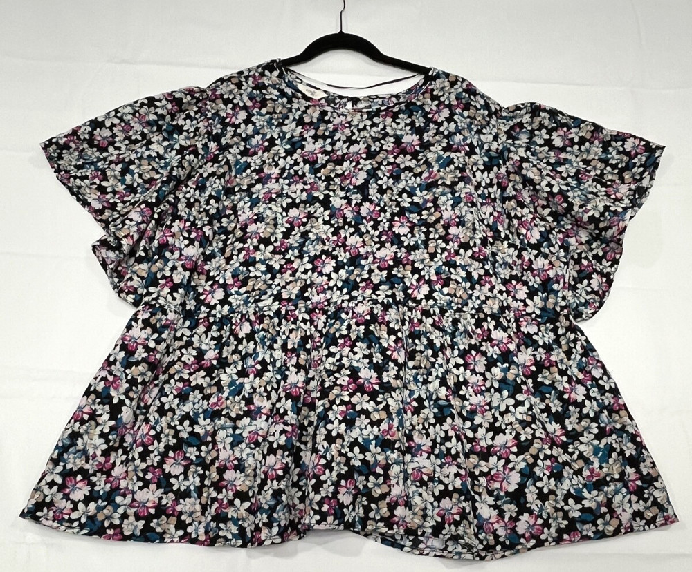 Terra & Sky Women Babydoll Blouse Top 2X Flutter Sleeve Keyhole Pink Blue Floral