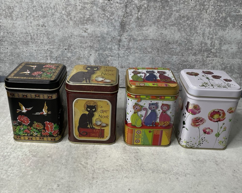 Lot/4 Decorative Cats Birds & Floral Rectangle Tin Herb Tea Box Approx. 3”x4”