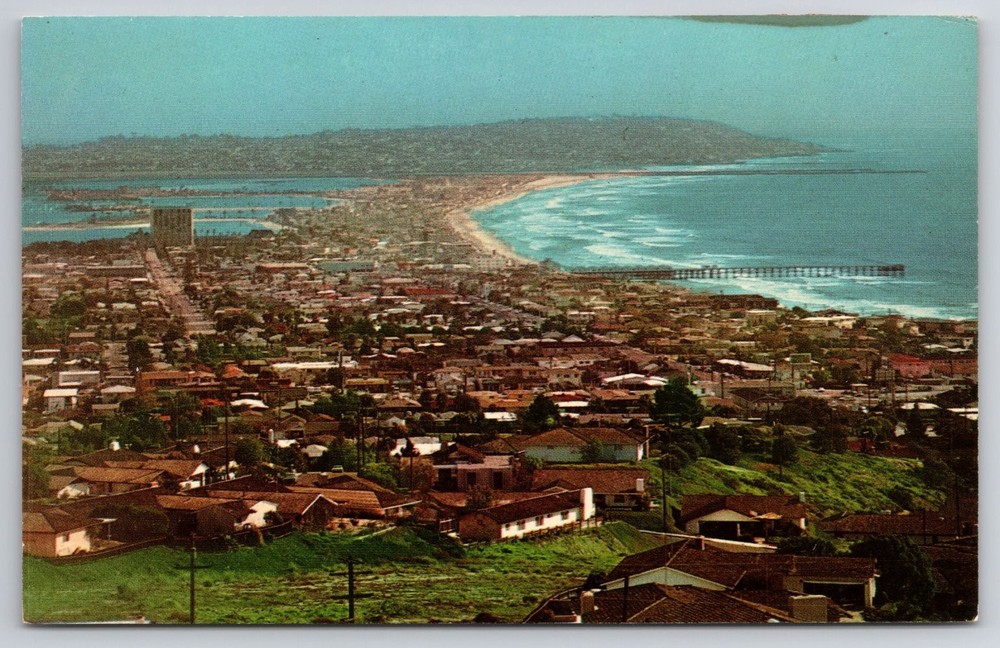 San Diego CA Pacific Mission Beach Ocean Bay Aerial View Chrome Postcard