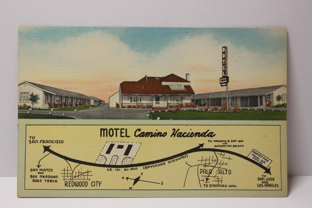 Motel Camino Hacienda Redwood City California Linen Postcard