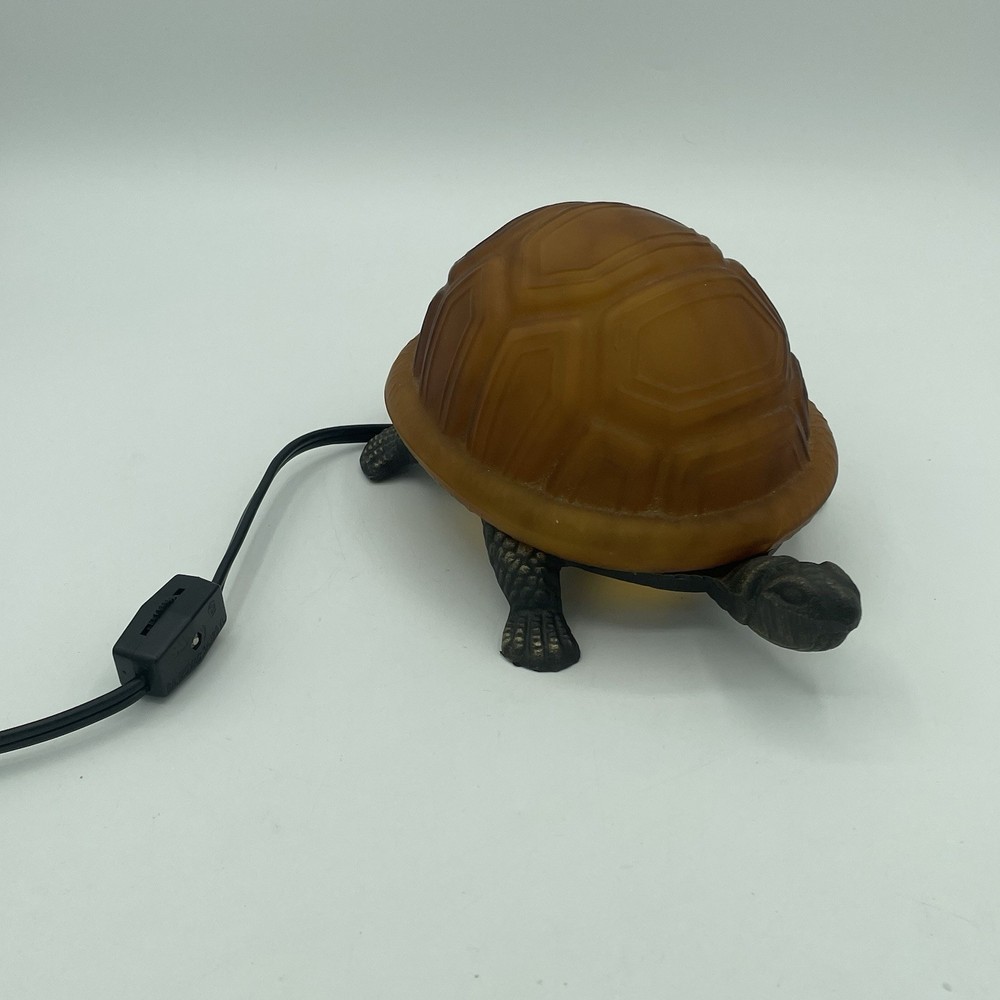 Vintage Turtle Lamp Night Light Amber Glass Tortoise Shell Metal Base
