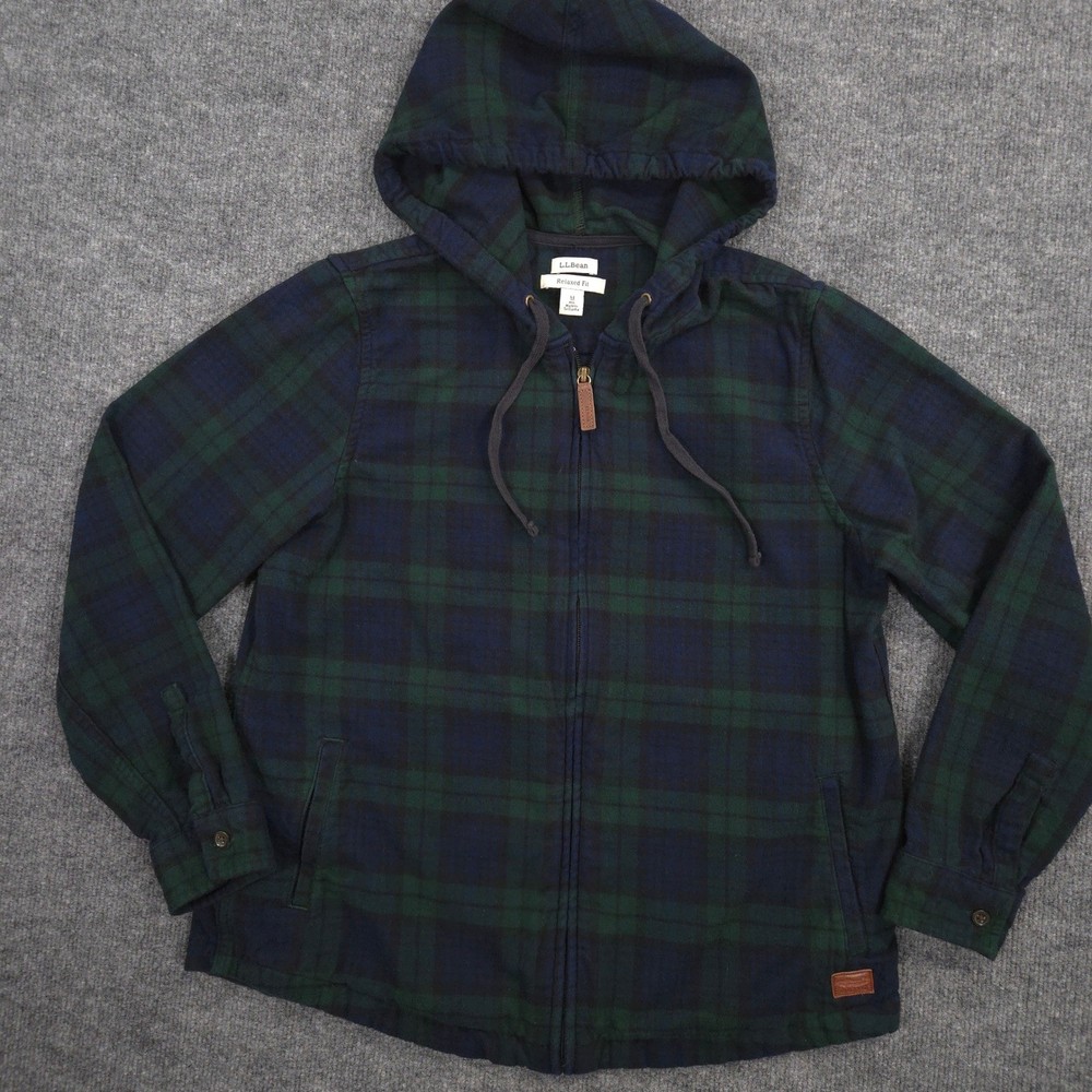 LL Bean Flannel Hoodie Womens M Navy Green Scotch Plaid Full Zip Relaxed Fit