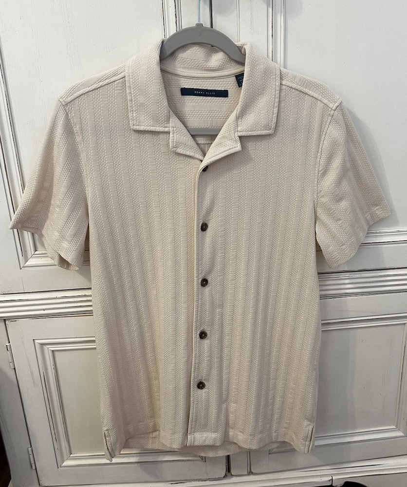 Perry Ellis Short Sleeve Striped Camp Shirt Birch Small