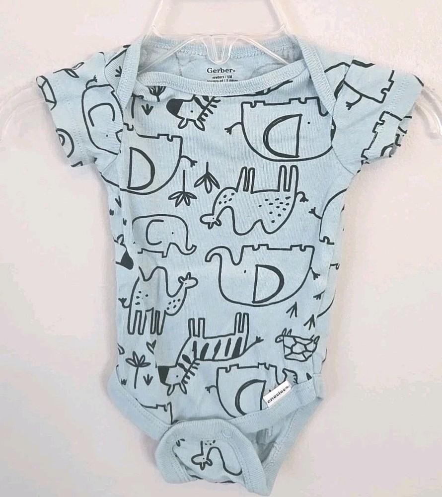 Gerber Newborn Baby Bodysuit Blue Safari Animals Elephant Camel Giraffe...