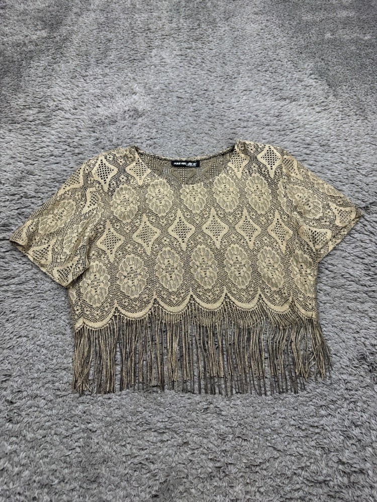 Sharade of California Top Women L/XL Gold Crochet Fringe Crop Glam Whimsigoth