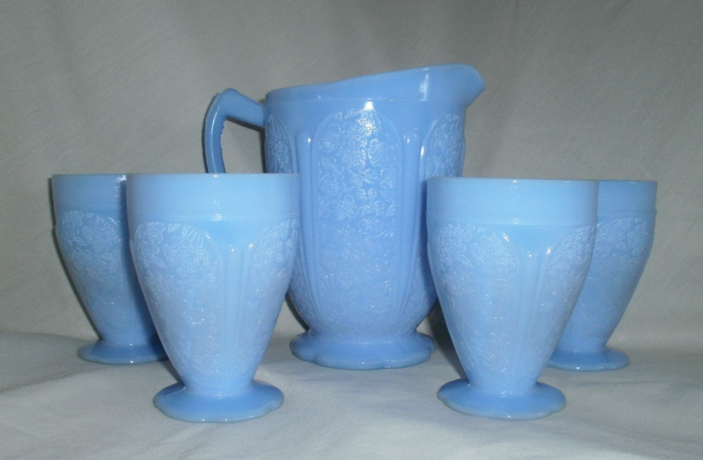 Pitcher & 4 Scallop Foot Tumblers Vintage Blue Delphite Jeanette Cherry Blossom