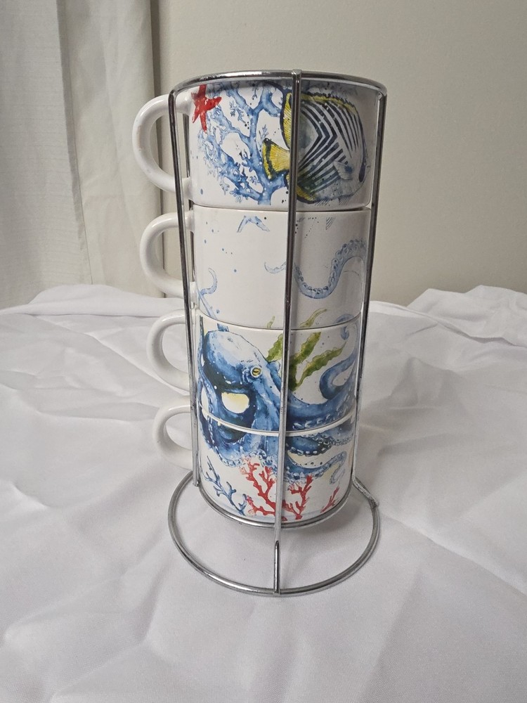 Pier 1 Imports Sea Life collection with metal rack Stoneware stackable mug set 4