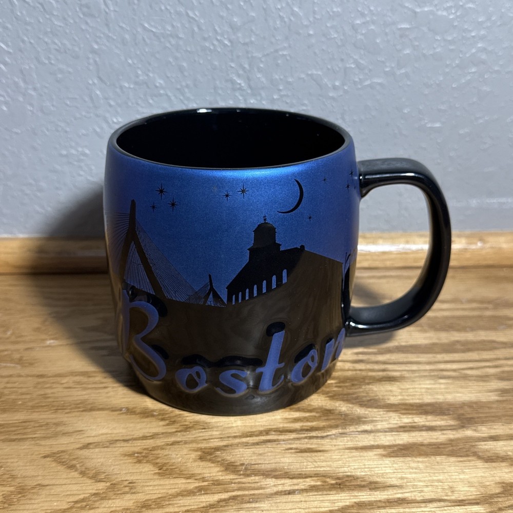 America Ware BOSTON 2014 3D Night Skyline Coffee Mug Large Cup BLUE BLACK Stars