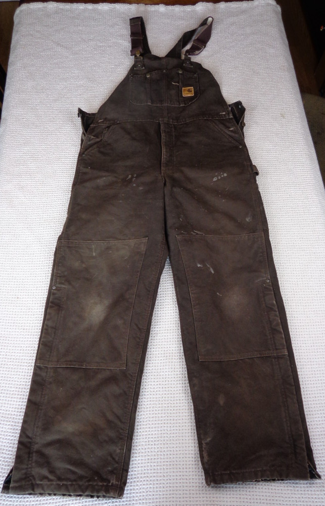 Carhartt Bib Overalls Men 38x32 Brown Duck Canvas Bib Double Knee R27 Insulated