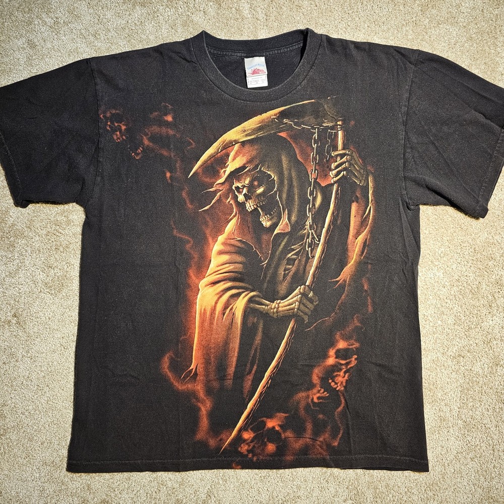 Vtg Y2k Tennessee River Grim Reaper Mens L Black T-Shirt Emo Goth Edgy Burnout