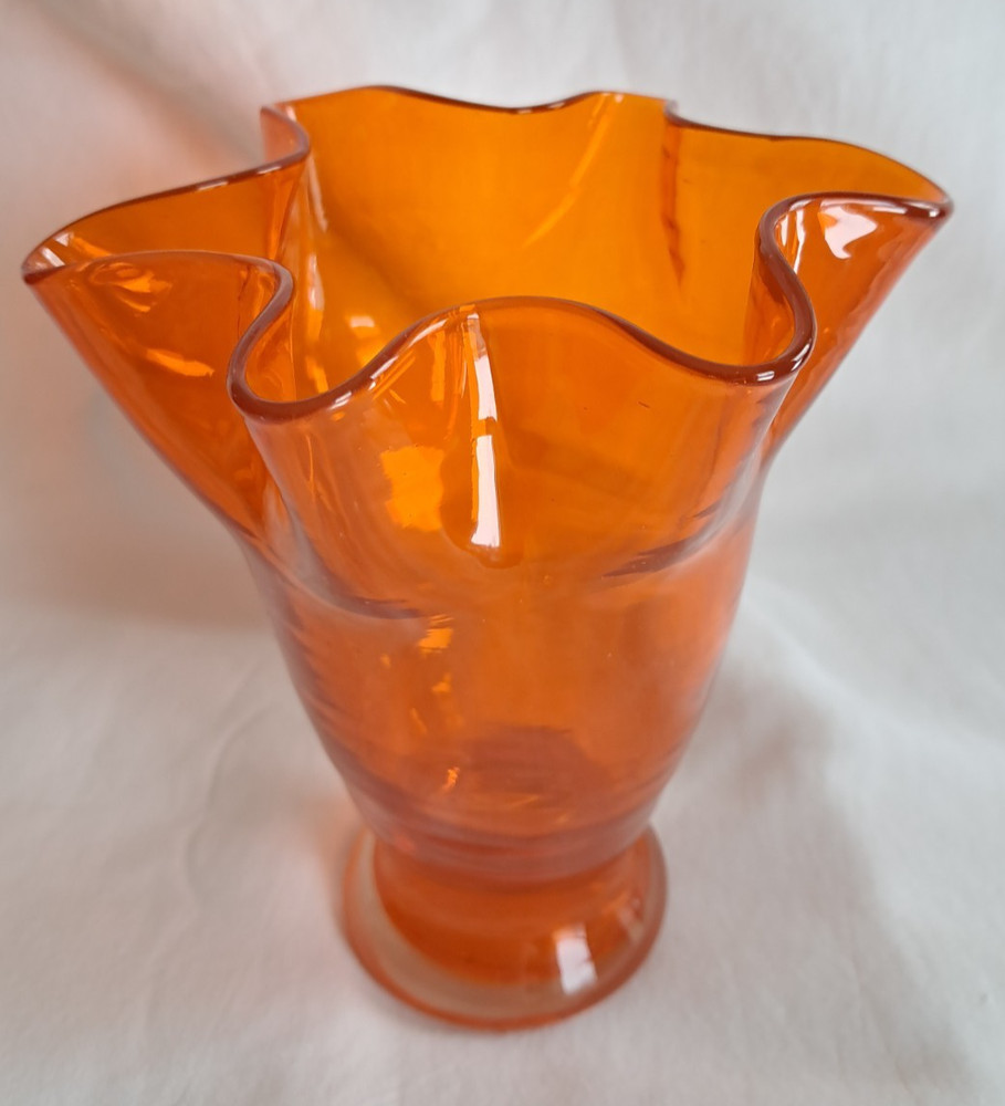 Vintage MCM Orange Blown Glass Ruffled Vase 5.25