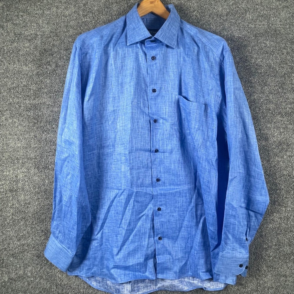 St Croix Shirt Mens XL Blue Linen Long Sleeve Button Down Made in Italy