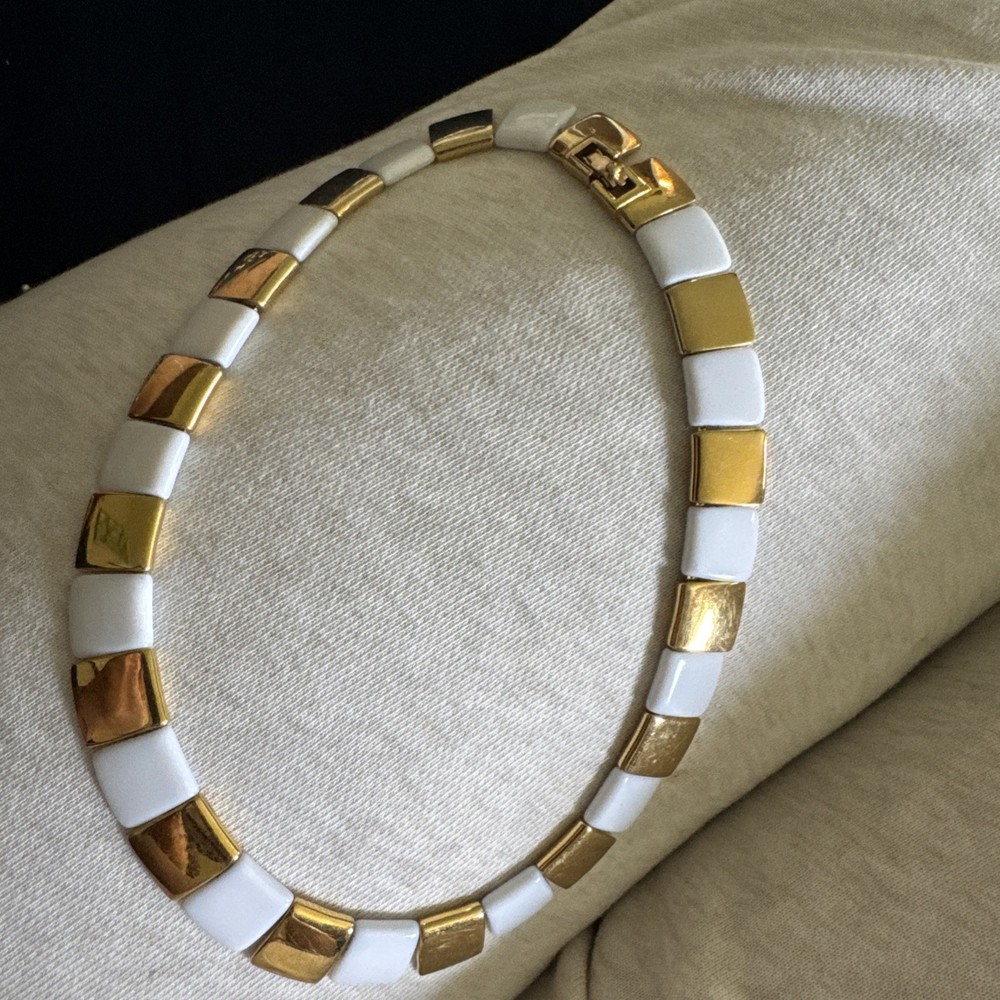 Vintage Monet Summer White Gold Tone Square Beads on Chain 16