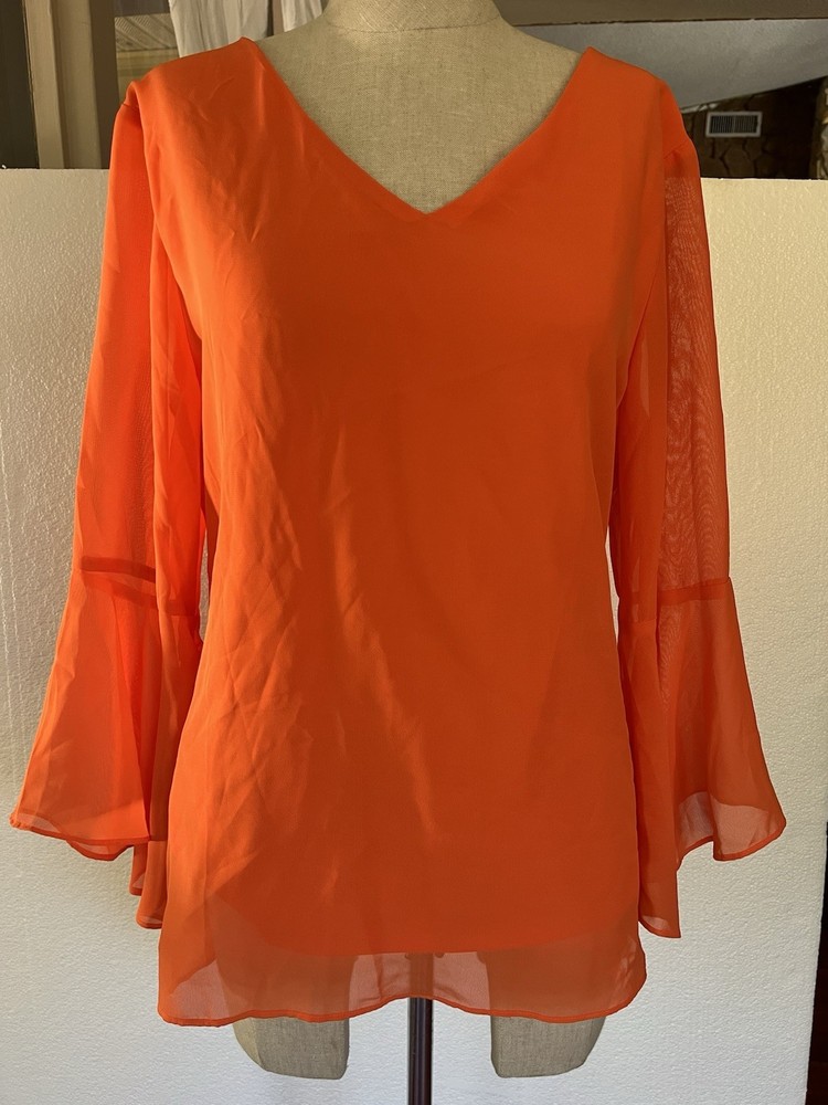 Zac & Rachel Top Size Large Orange Semi Sheer Orange Blouse Layered Open Back