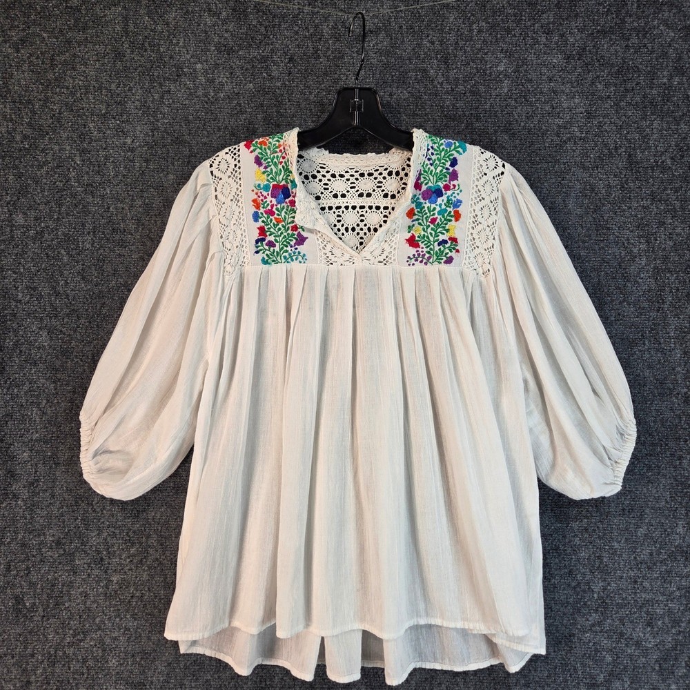 Womens Embroidered Boho Peasant Blouse White Small Crochet Lace Gauze Cotton