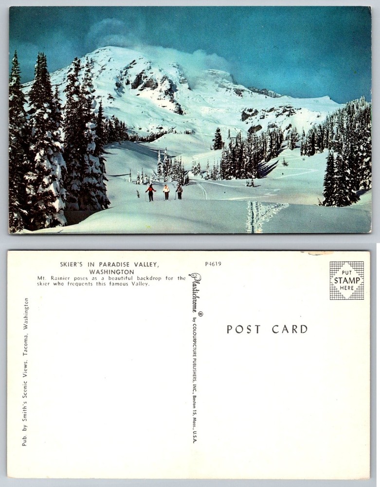 VTG Skiers Paradise Valley Mt Rainier WA Plastichrome Winter Postcard