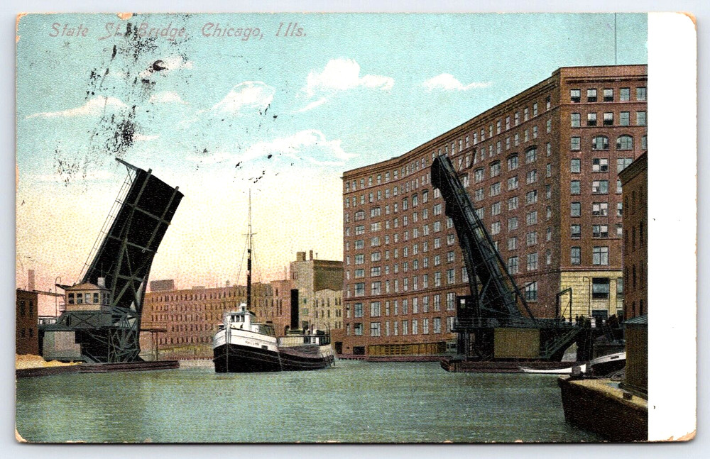 Chicago Illinois Draw Bridge Boat River Water Buildings Vintage Postcard 1908