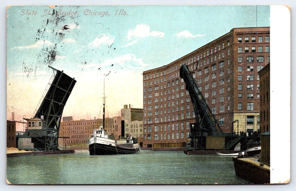 Original Vintage Postcard State Street Bridge Boat River Chicago Illinois 1908