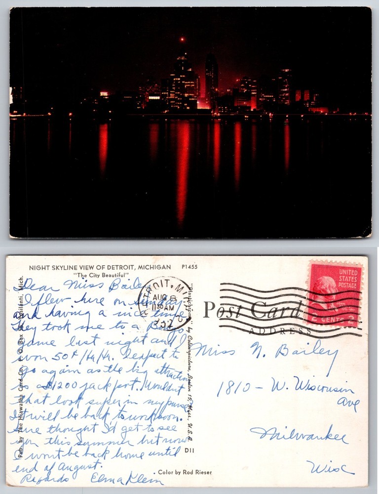 Night Skyline View Detroit Michigan Postcard