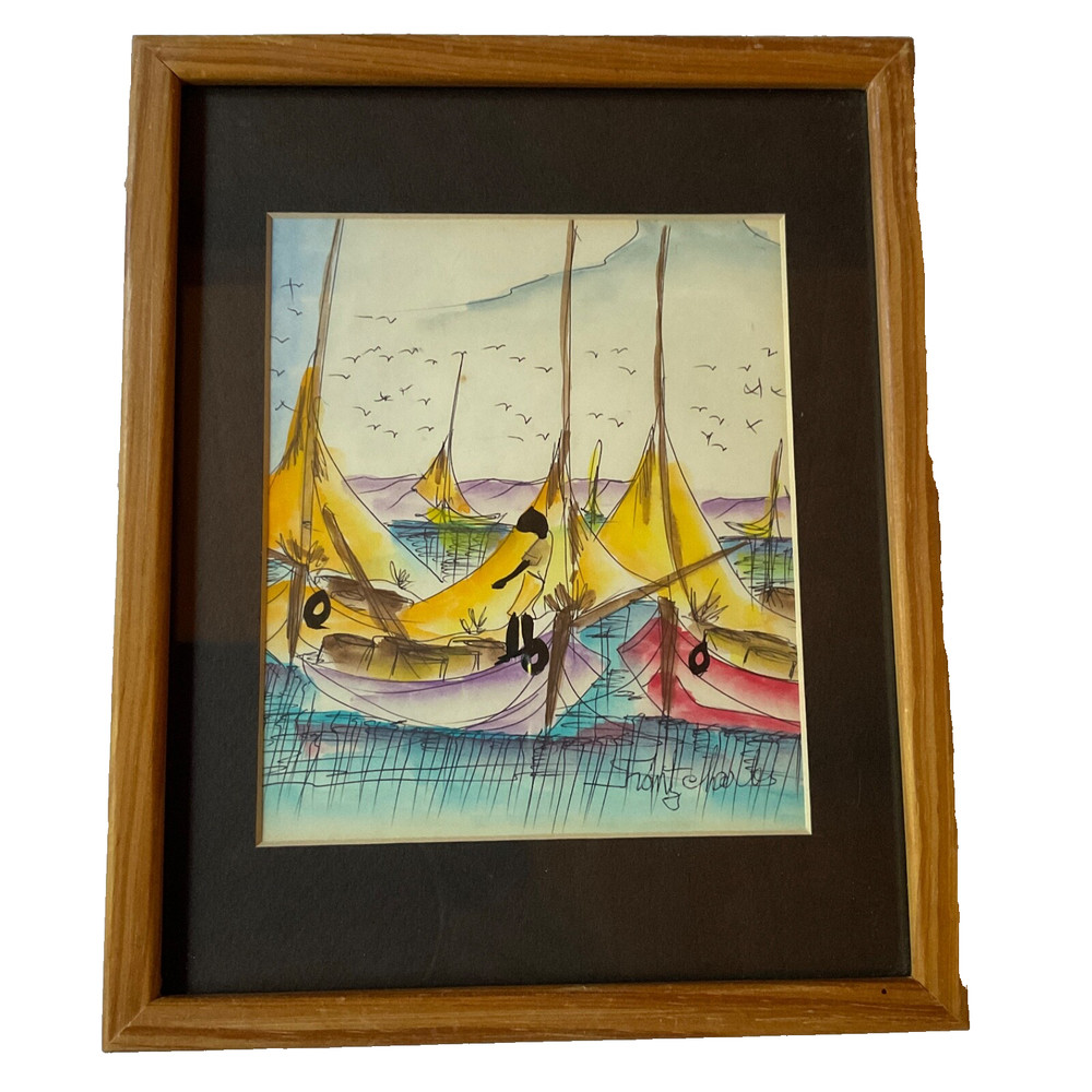 Vintage modernist fishing sail boats watercolor original painting signed framed