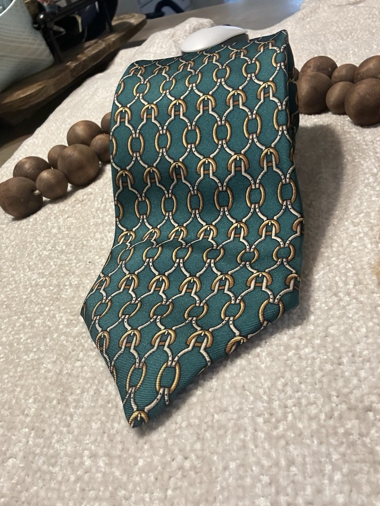 EUC Brooks Brothers Makers All Silk Tie UsA Necktie Green & Gold Buckles Horse