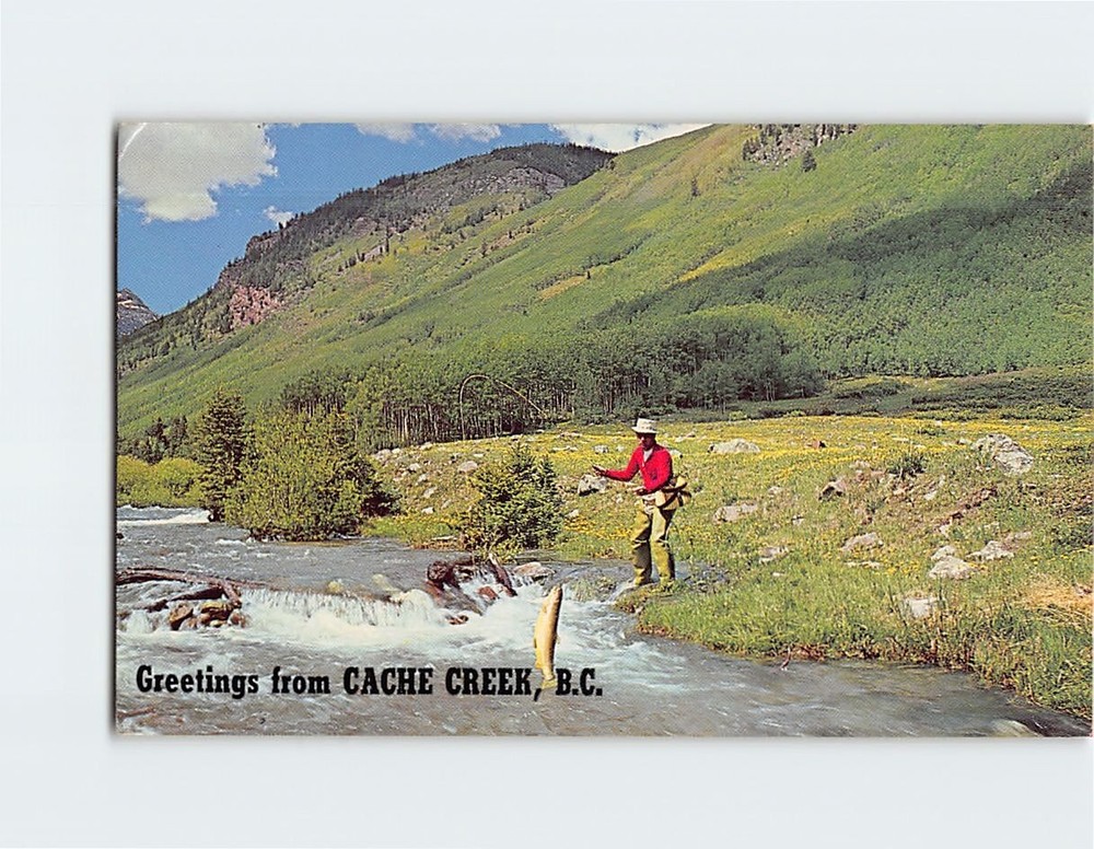 Postcard Man Fishing Scene Greetings from Cache Creek BC Canada