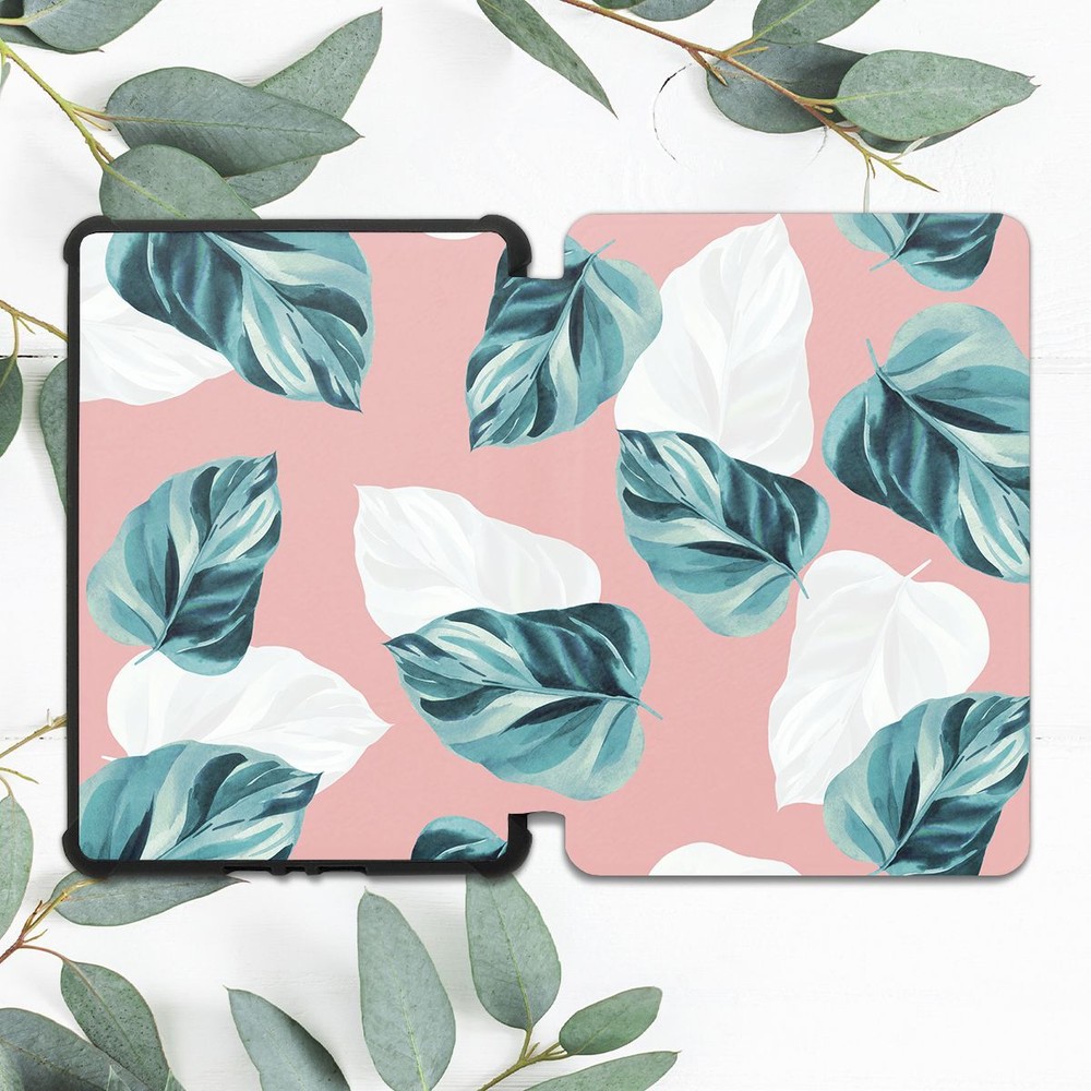 Vibrant Green White Pink Leaves Case for Kindle 10th Gen & Paperwhite