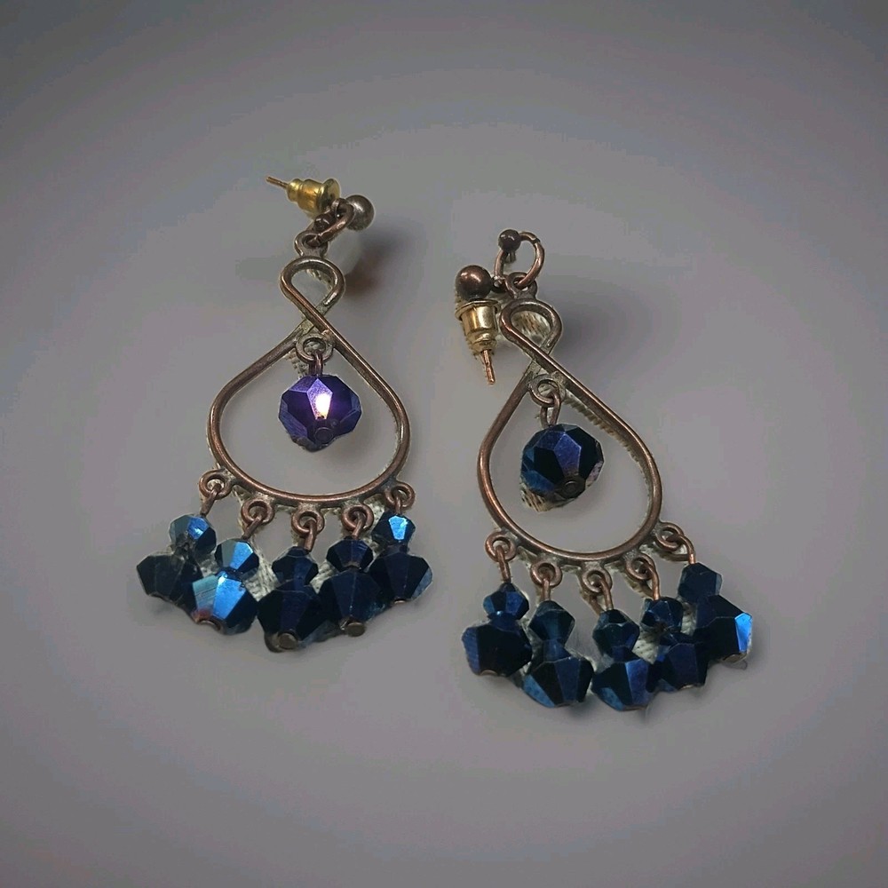 Vintage Midnight Blue Faceted Dangle Drop Chandelier Pierced Post Earrings