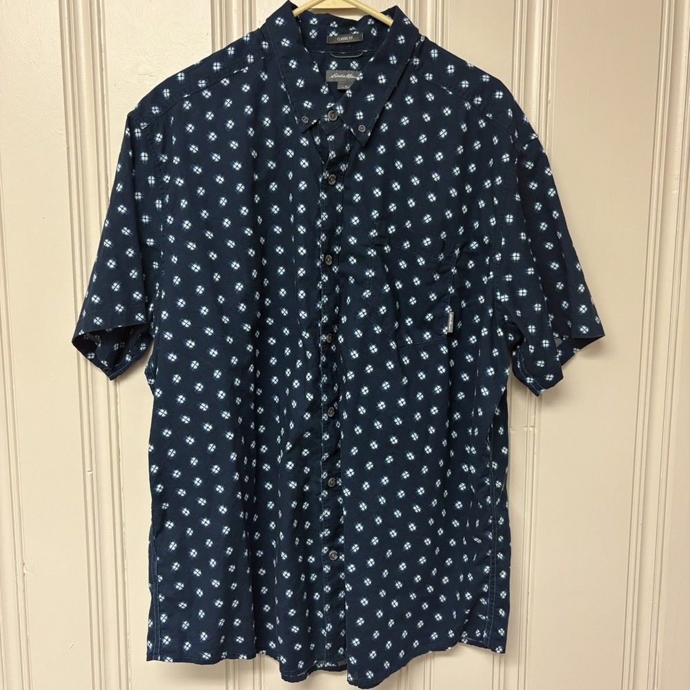 Eddie Bauer Shirt Men 2XL Geometric Navy Short Sleeve Button Lightweight Cotton