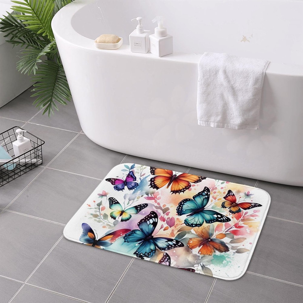 OHORTEB Non-Slip Butterfly Bath Mat Rug in Vibrant Colors, 24x16 Inches Rectangular