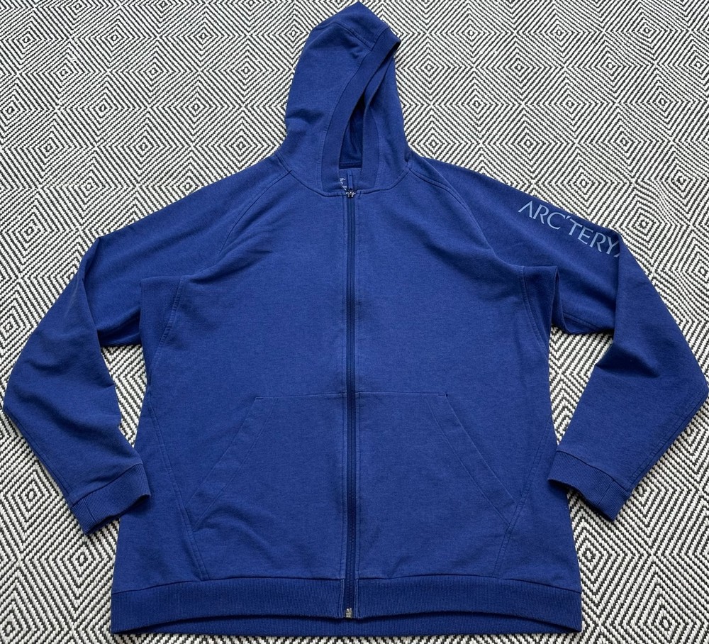 WOMENS ARCTERYX WORD ON END FULL ZIP HOODIE SWEATSHIRT BLUE SIZE XL HIKING