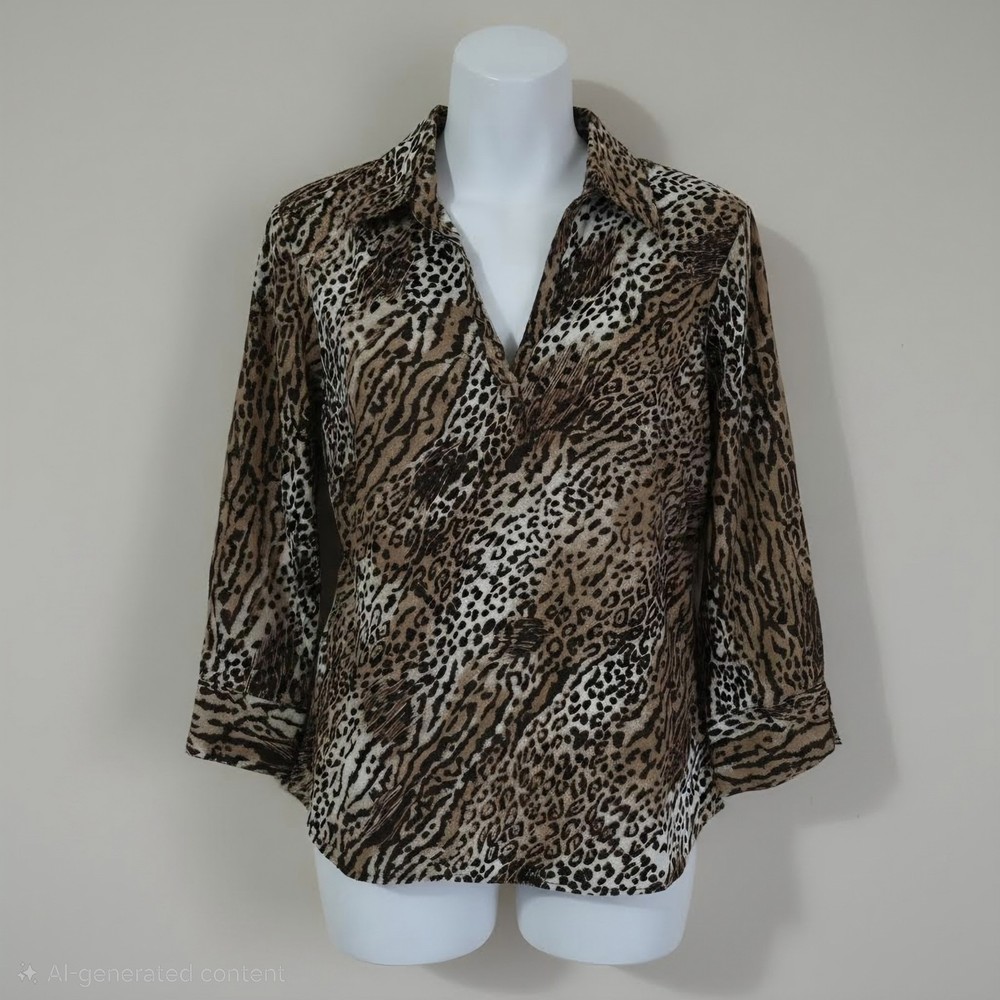 Cato Women's Medium Leopard Print Collared Top Stretch 3/4 Sleeve