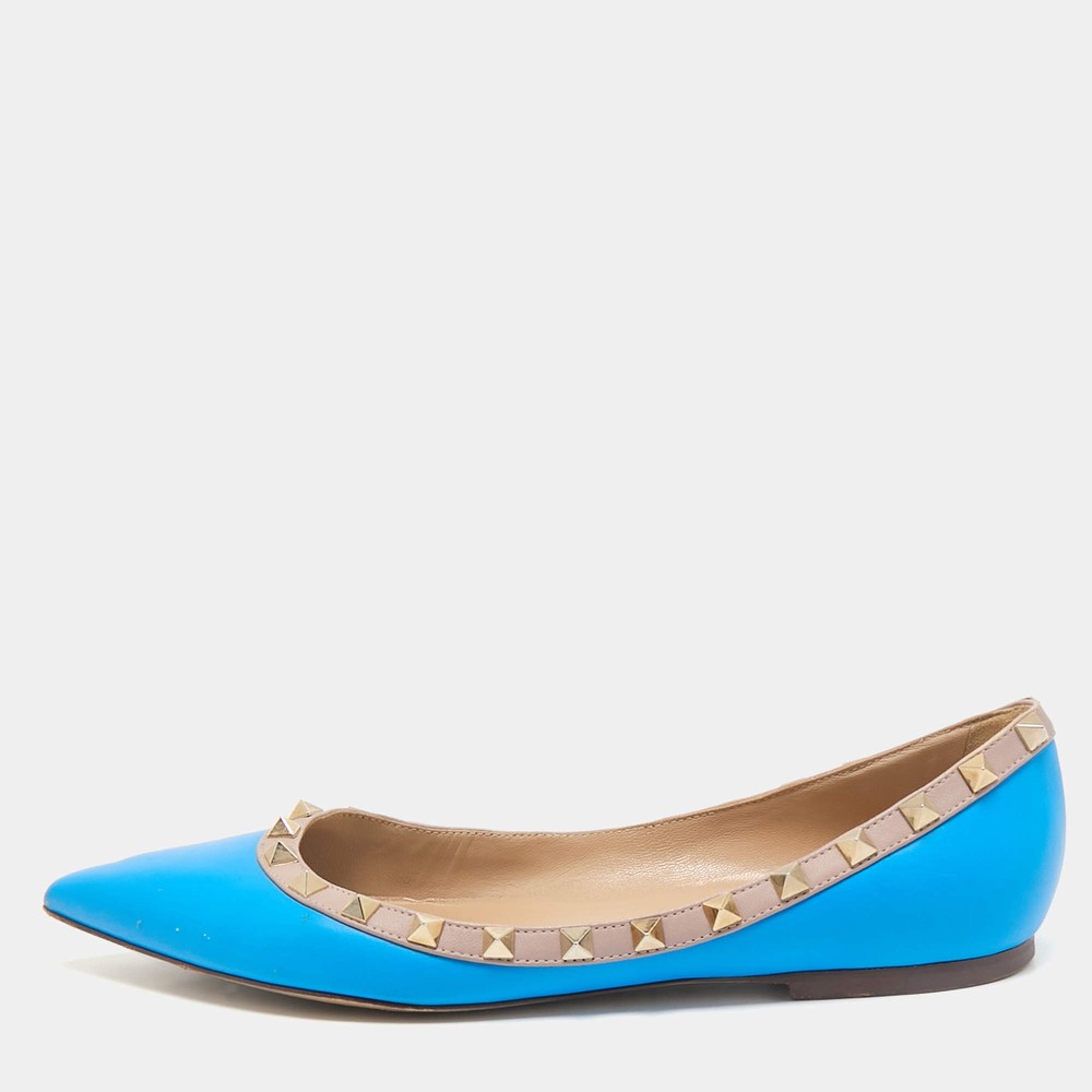 Valentino BlueBeige Leather Rockstud Ballet Flats Size 39