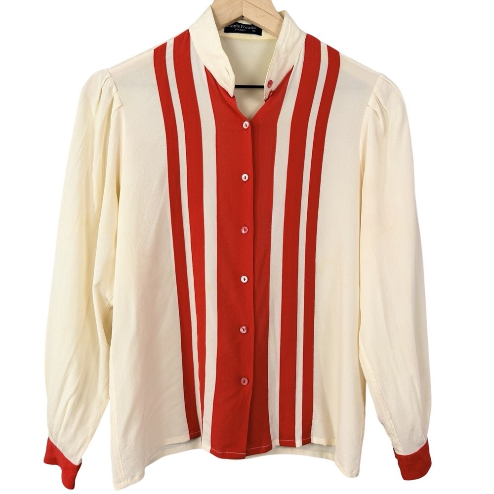 Louis Feraud Paris Vintage Blouse Cream Red Striped Stand Collar Top Size Small