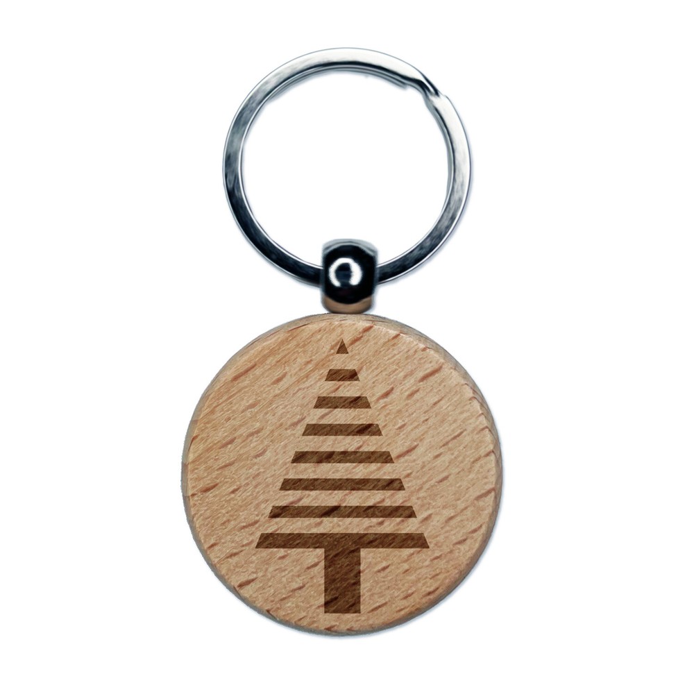 Striped Pine Woodland Tree Engraved Wooden Keychain Charm Tag  