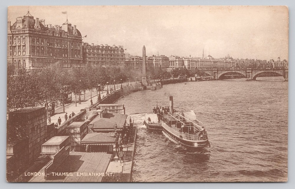 London Thames Embankment Cleopatra's Needle Victoria Steamer Postcard