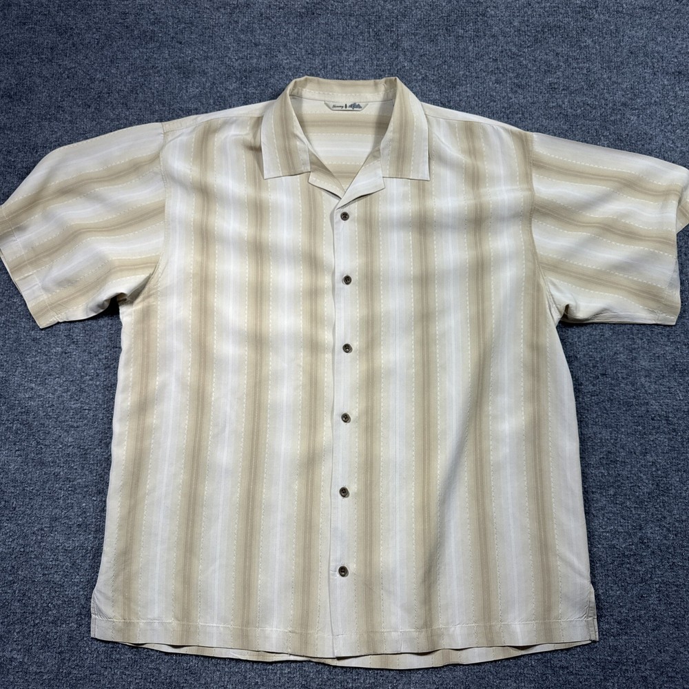 Tommy Bahama 100 Percent Silk Stitch Striped Hawaiian Shirt Lg