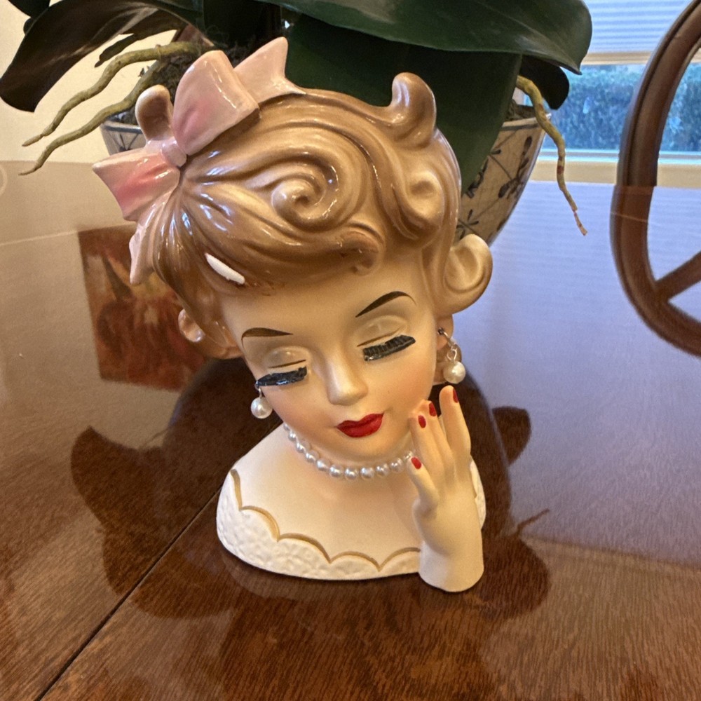 Rubens Originals Lady Head Vase Pink Bow 489 Japan 6