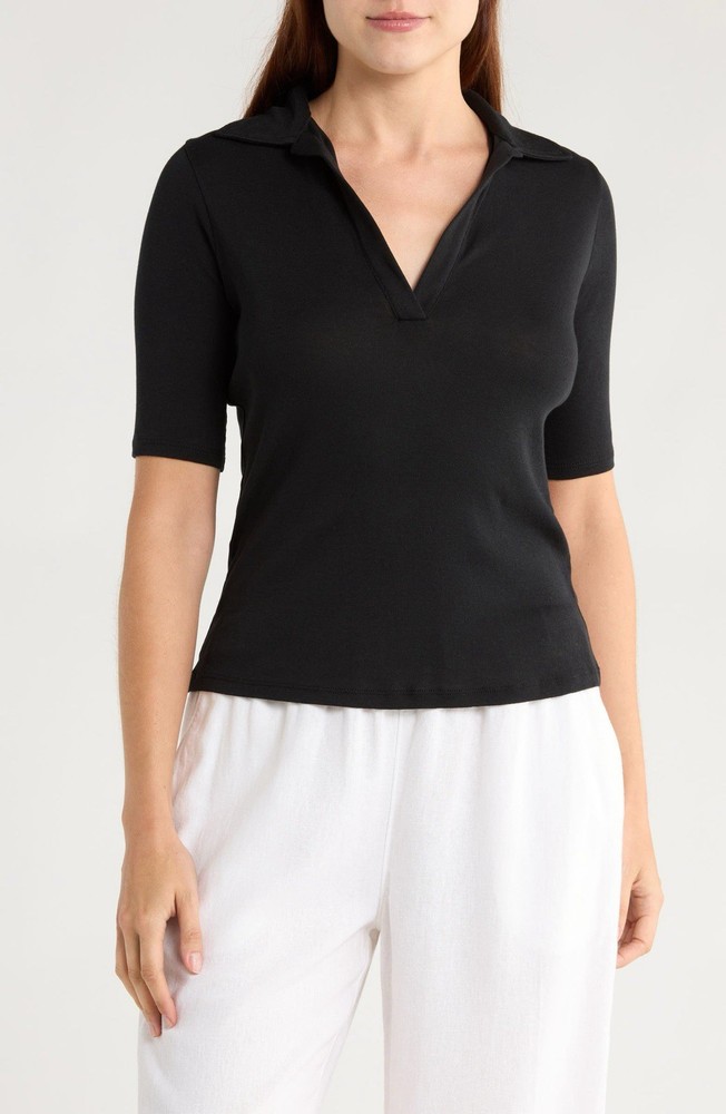 Vince Elbow-Sleeve Polo Shirt Large Black Pima cotton v-neck minimalist neutral
