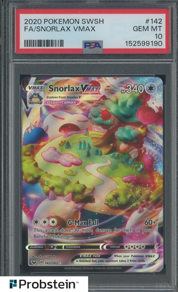 2020 Pokemon SWSH #142 FA Snorlax VMax PSA 10 GEM MINTPROBSTEIN is actively accepting consignments !!