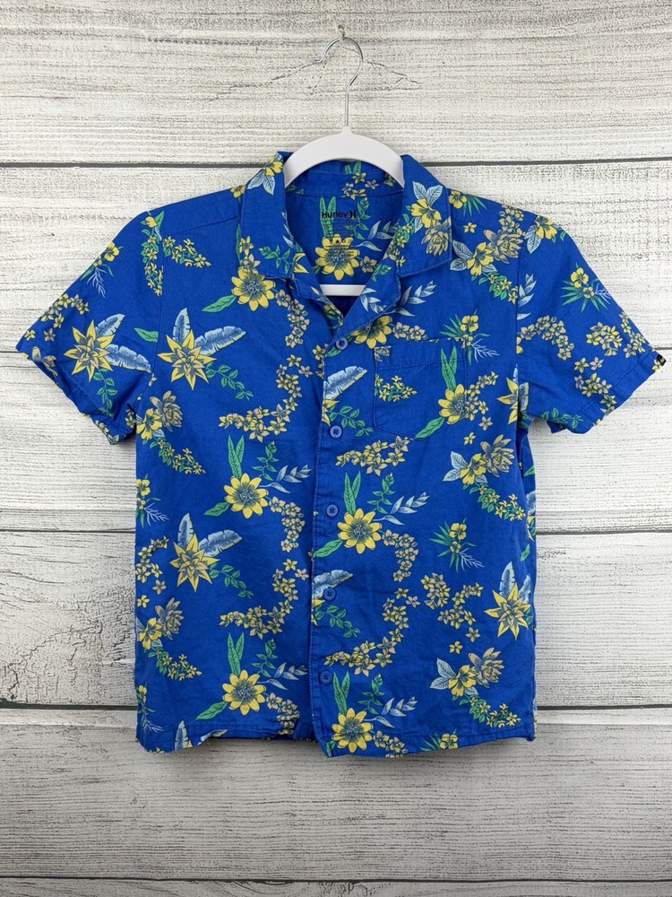 Hurley Boys Button-Up Shirt Blue Floral Short Sleeve Size 8/10