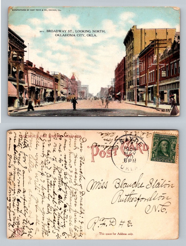 Oklahoma City, OK-Oklahoma, Broadway Street Looking North Vintage c1909 Postcard