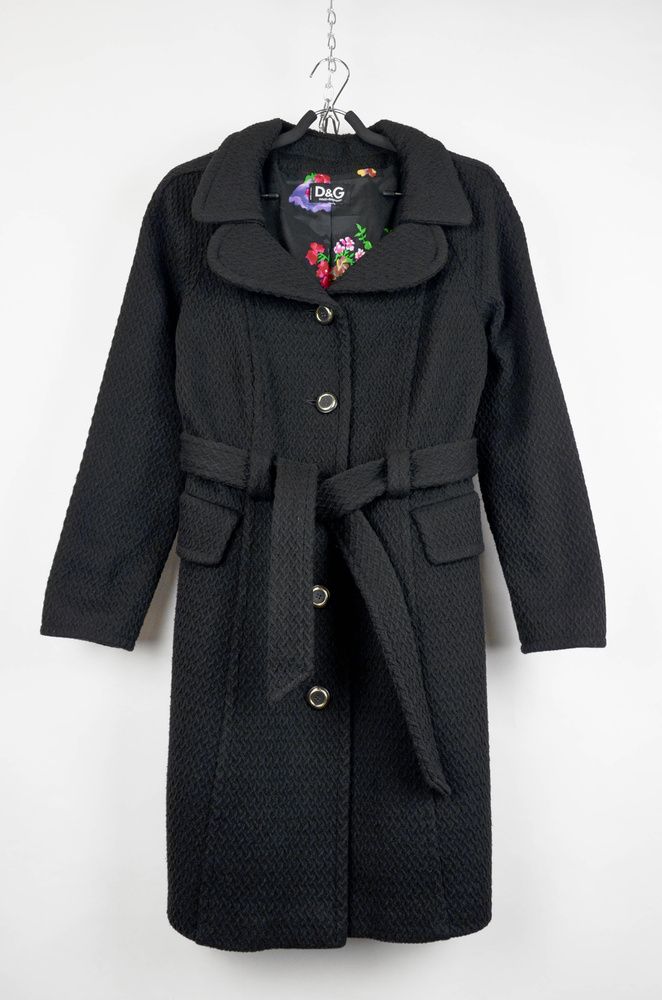Dolce & Gabbana D&G Black Wool Blend Coat with Belt – Floral Lining – Size M
