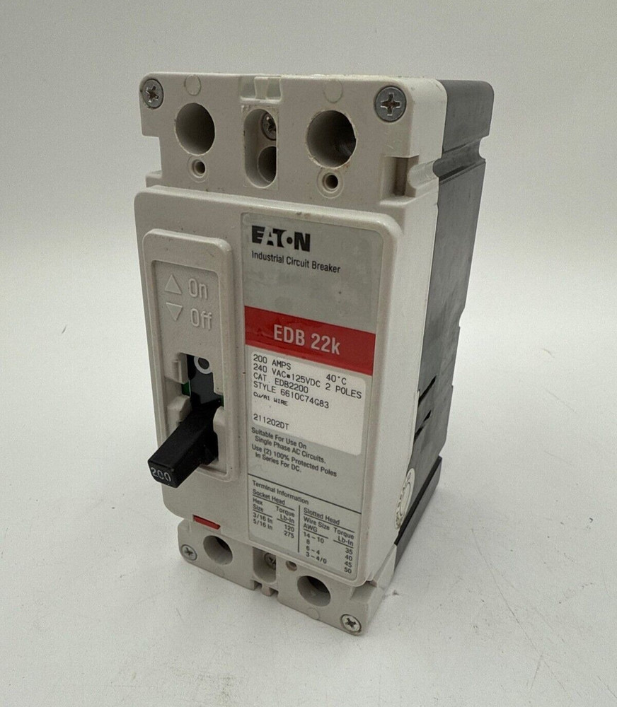 Eaton EDB2200 Circuit Breaker 200A 2P 240V 1PH EDB 22k 200 Amp 2 Pole