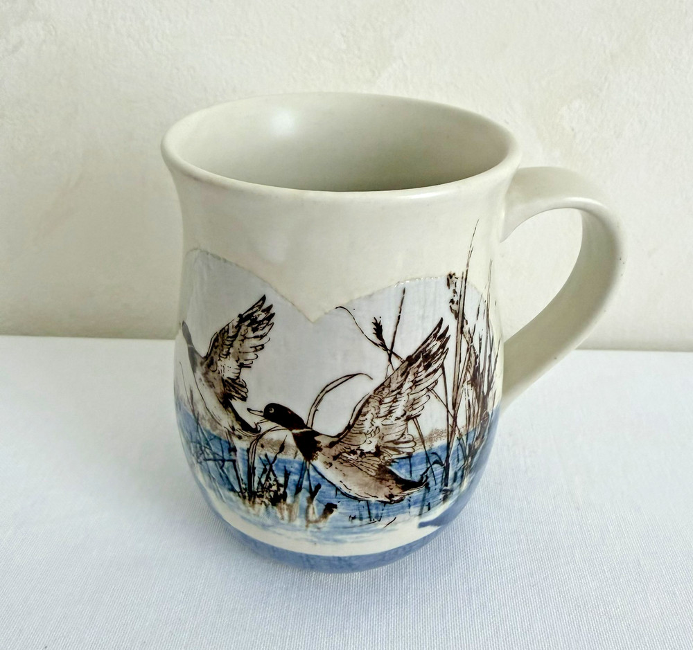 Vintage Otagiri Stoneware Pottery Coffee Tea Mug Mallard Ducks Blue Brown